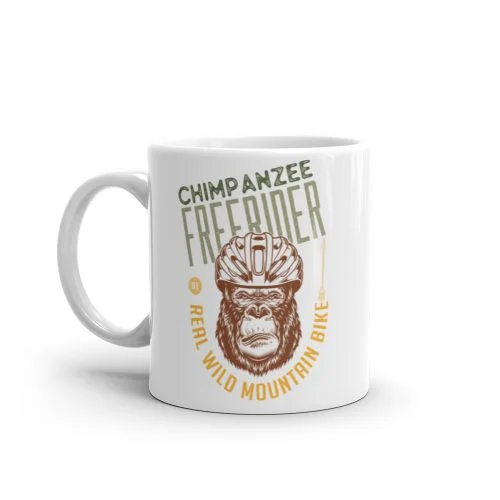 Taza blanca brillo Chimpanzee Freerider real wild mountain bike vista derecha