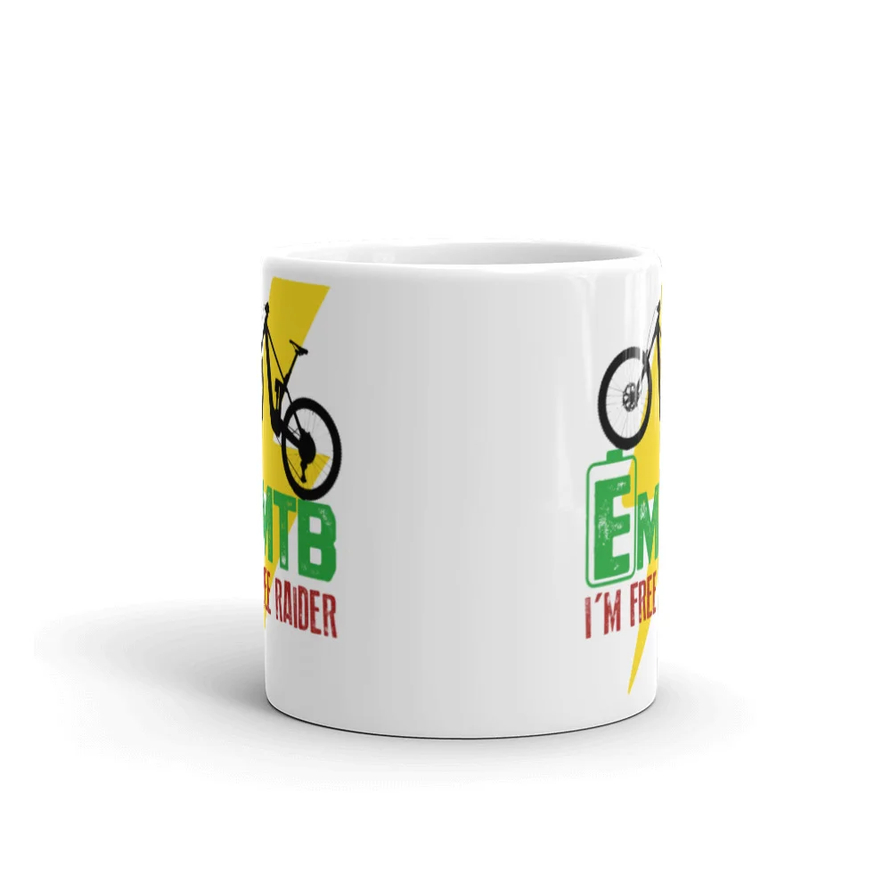Taza blanca brillo EMTB I'M FREE RAIDER vista frontal