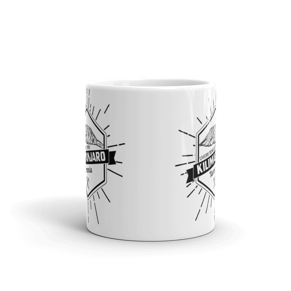 Taza blanca brillo Montaña Kilimanjaro vista frontal