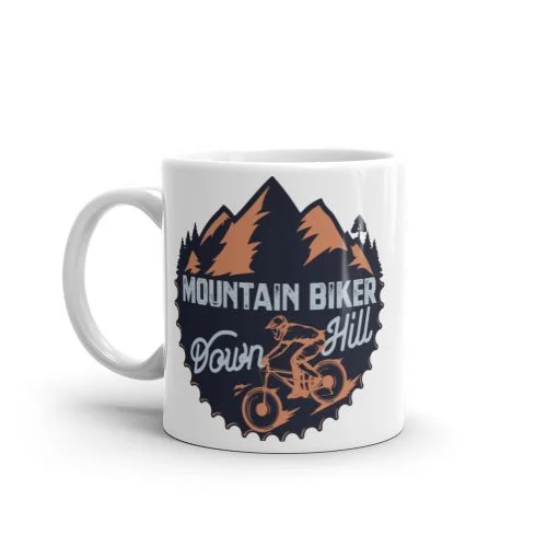 Taza blanca brillo Mountain Biker DownHill vista derecha