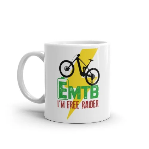 Taza blanca brillo EMTB I'M FREE RAIDER vista izquierda