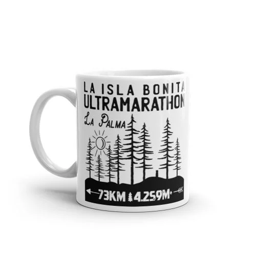 Taza blanca brillo Trail Transvulcania vista izquierda