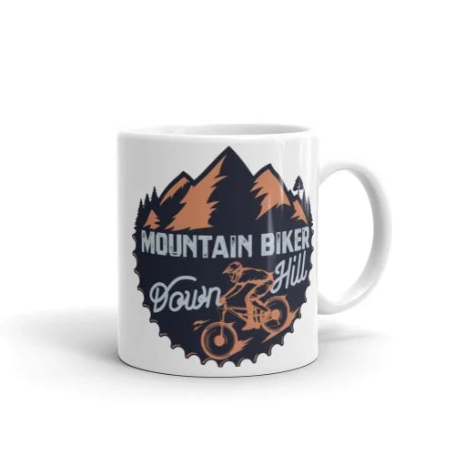 Taza blanca brillo Mountain Biker DownHill vista izquierda