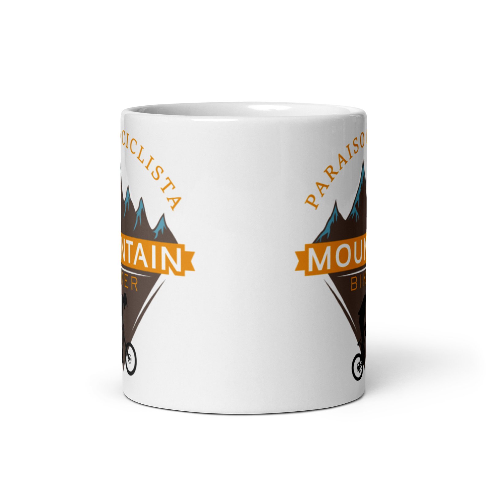 Taza blanca brillo Paraíso Ciclista vista frontal