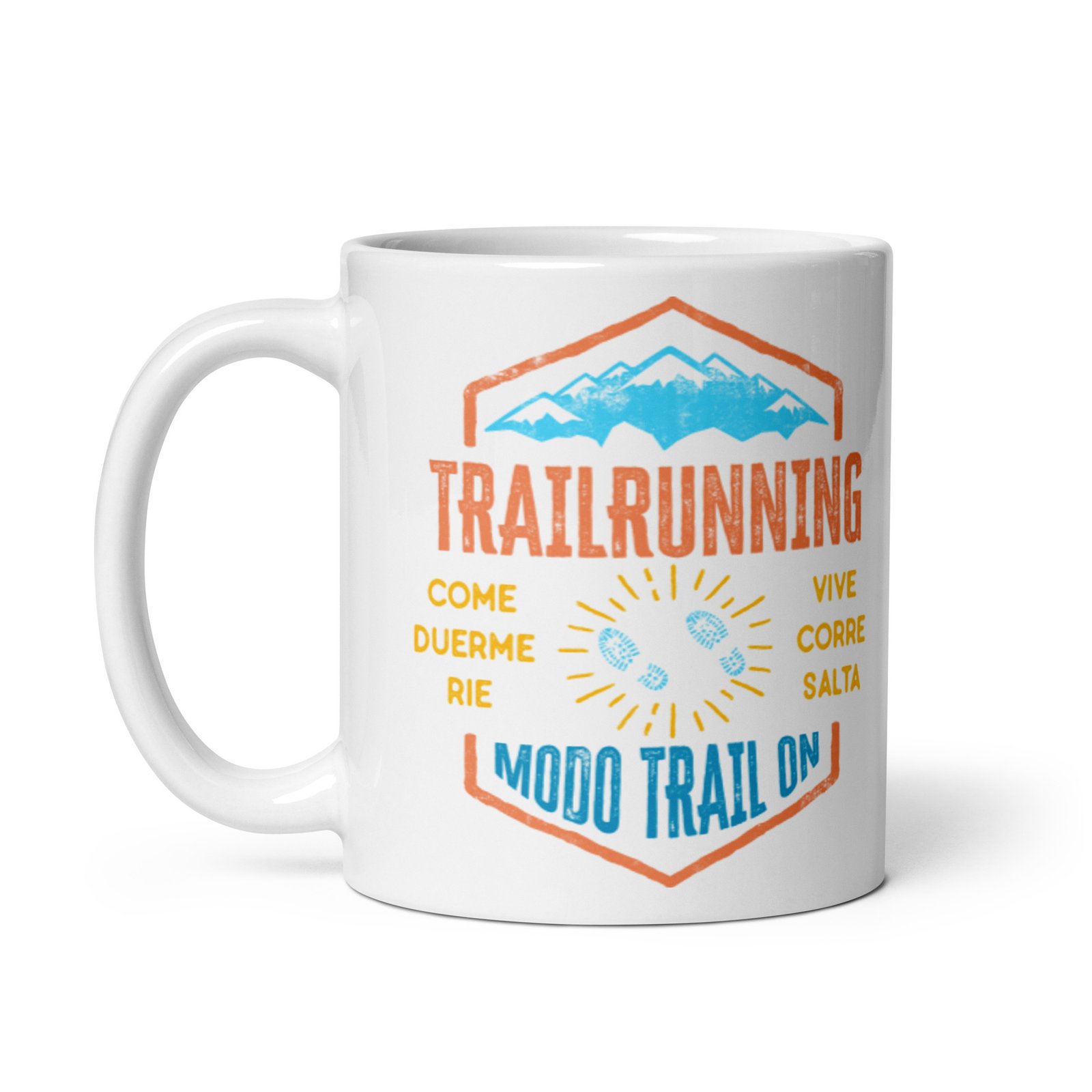 Taza blanca brillo Modo Trail On vista izquierda