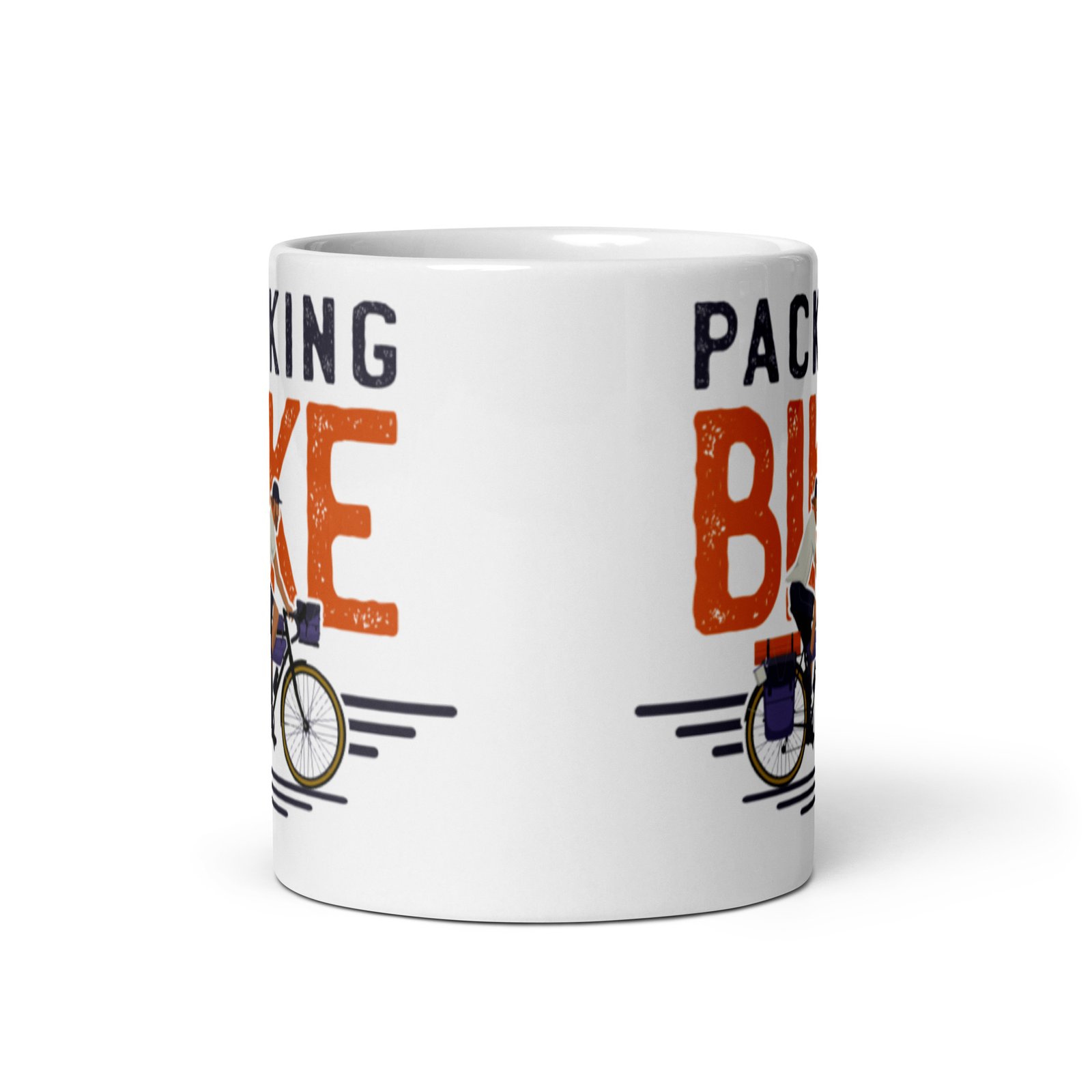Taza blanca brillo Bike Packing vista frente