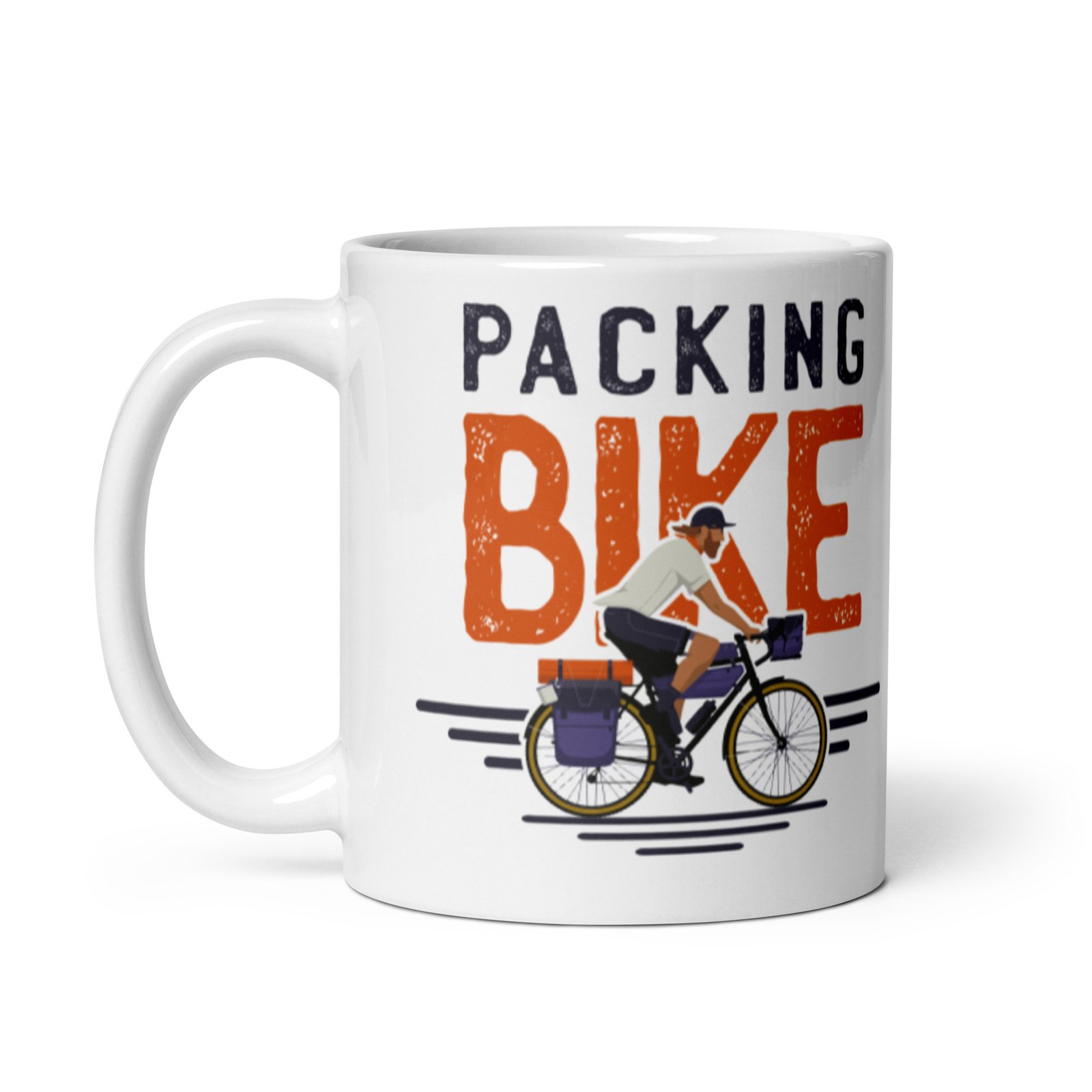 Taza blanca brillo Bike Packing vista izquierda