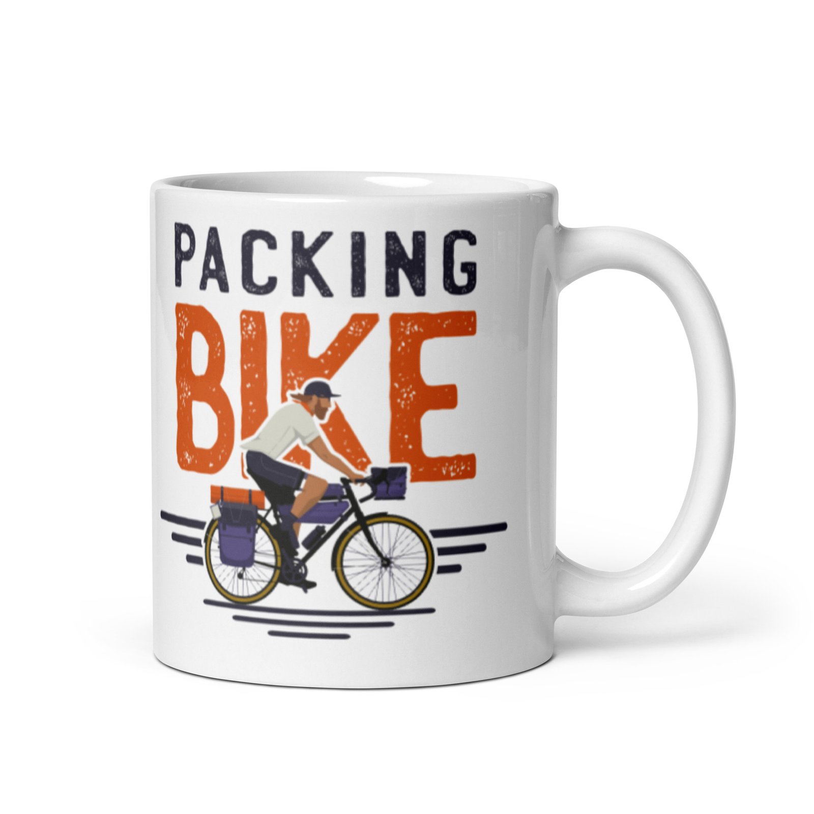 Taza blanca brillo Bike Packing vista derecha