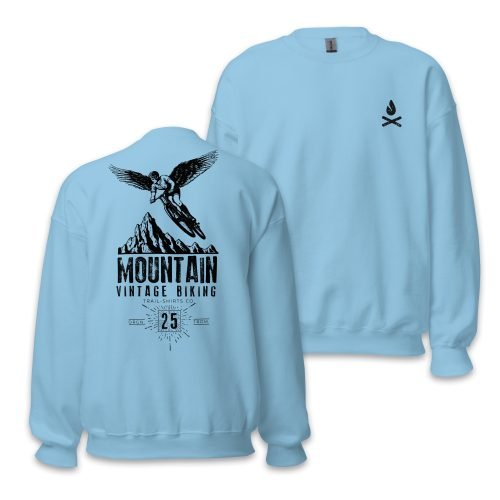 Sudadera Unisex Mountain Vintage Biking azul claro espaldas y frente