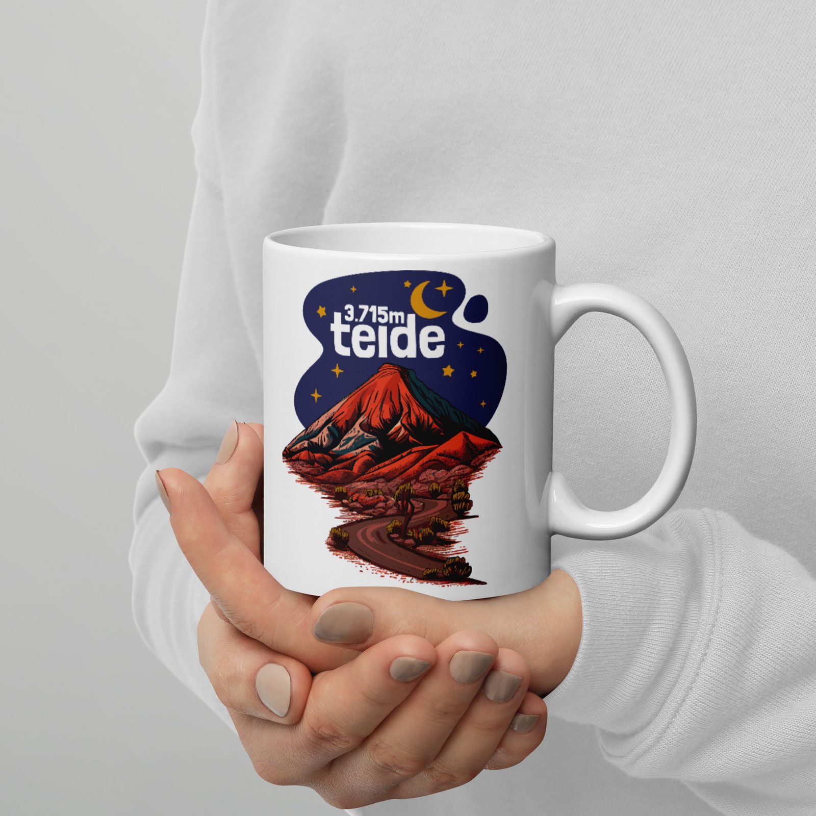 Taza blanca brillo mountain TEIDE vista manos