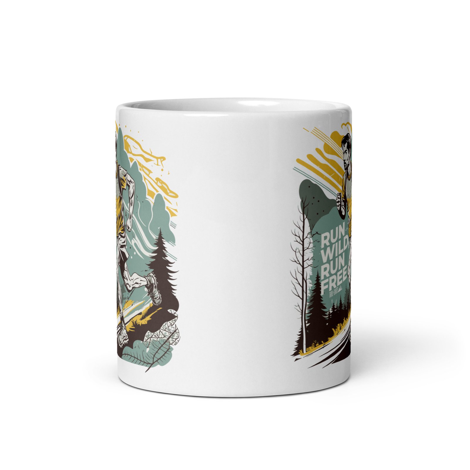 Taza blanca brillo RUN WILD, RUN FREE vista frontal