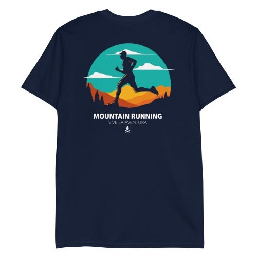 Camiseta unisex manga corta azul marino - Corredor de trail en montañas y nieves en tonos azules y naranjas.