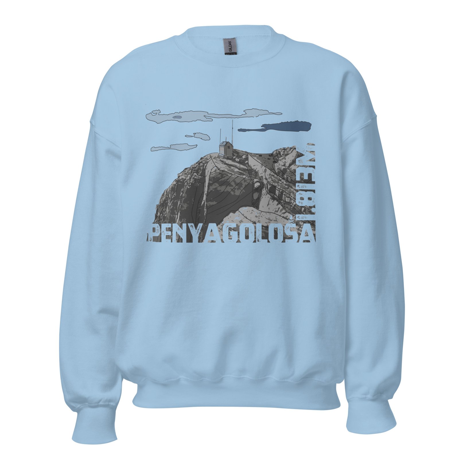 Sudadera azul claro con ilustración de la cima del Penyagolosa y su refugio