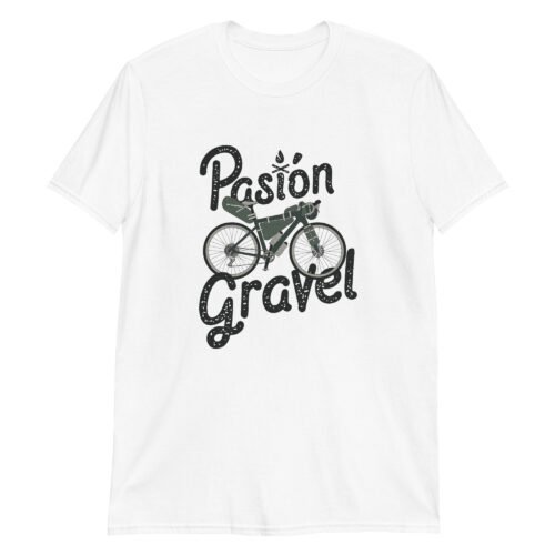Camiseta blanca unisex de manga corta con diseño de bicicleta GRAVEL en tonos verdes y la inscripción "PASION GRAVEL".