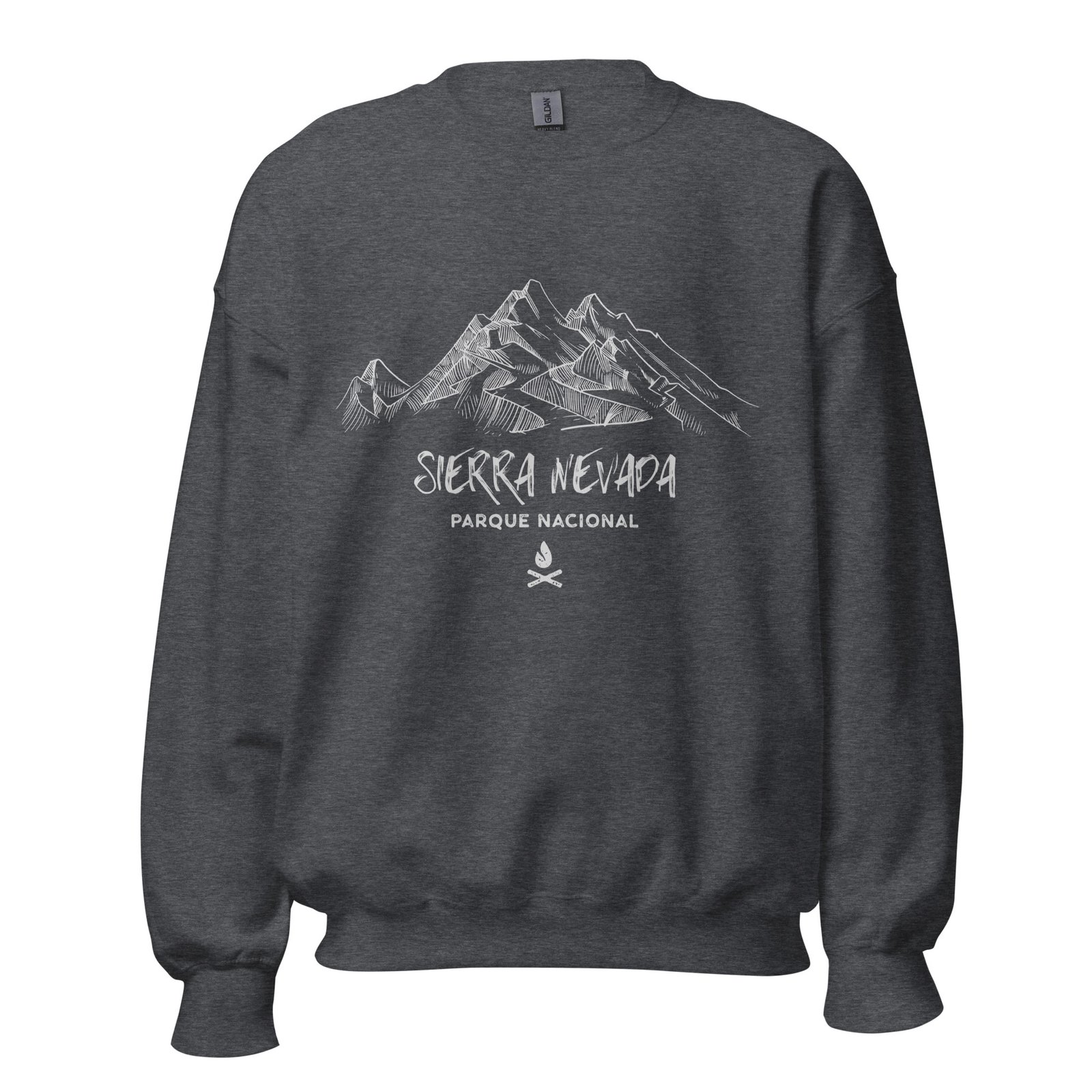 Sudadera Sierra Nevada gris oscuro con ilustración de Sierra Nevada en gris claro sobre fondo blanco.