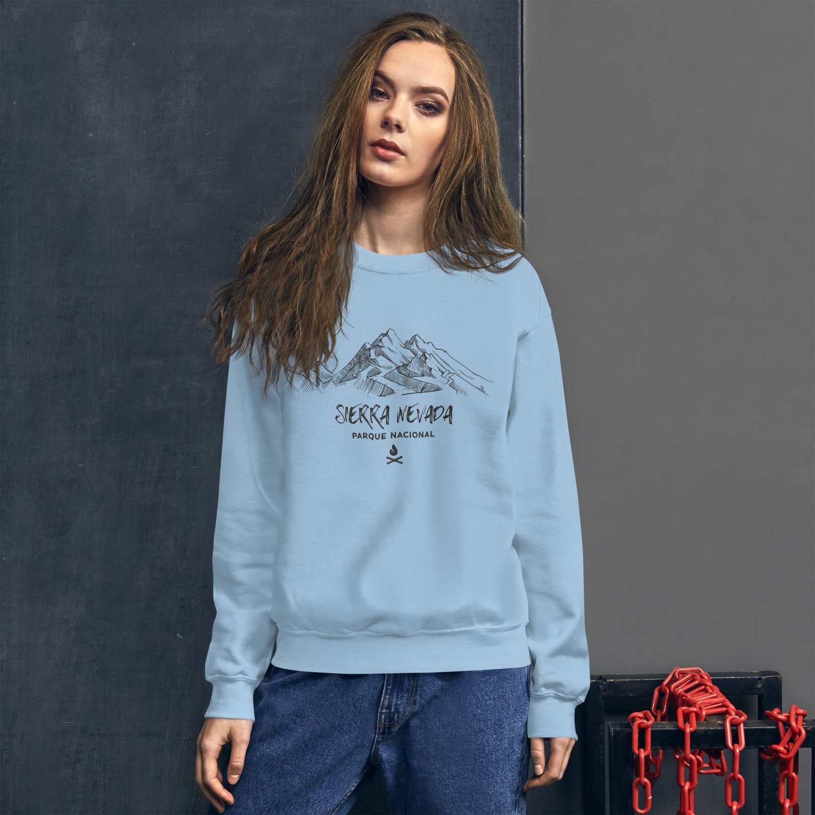 Sudadera Sierra Nevada azul claro mujer con ilustración de Sierra Nevada en gris oscuro sobre fondo blanco.