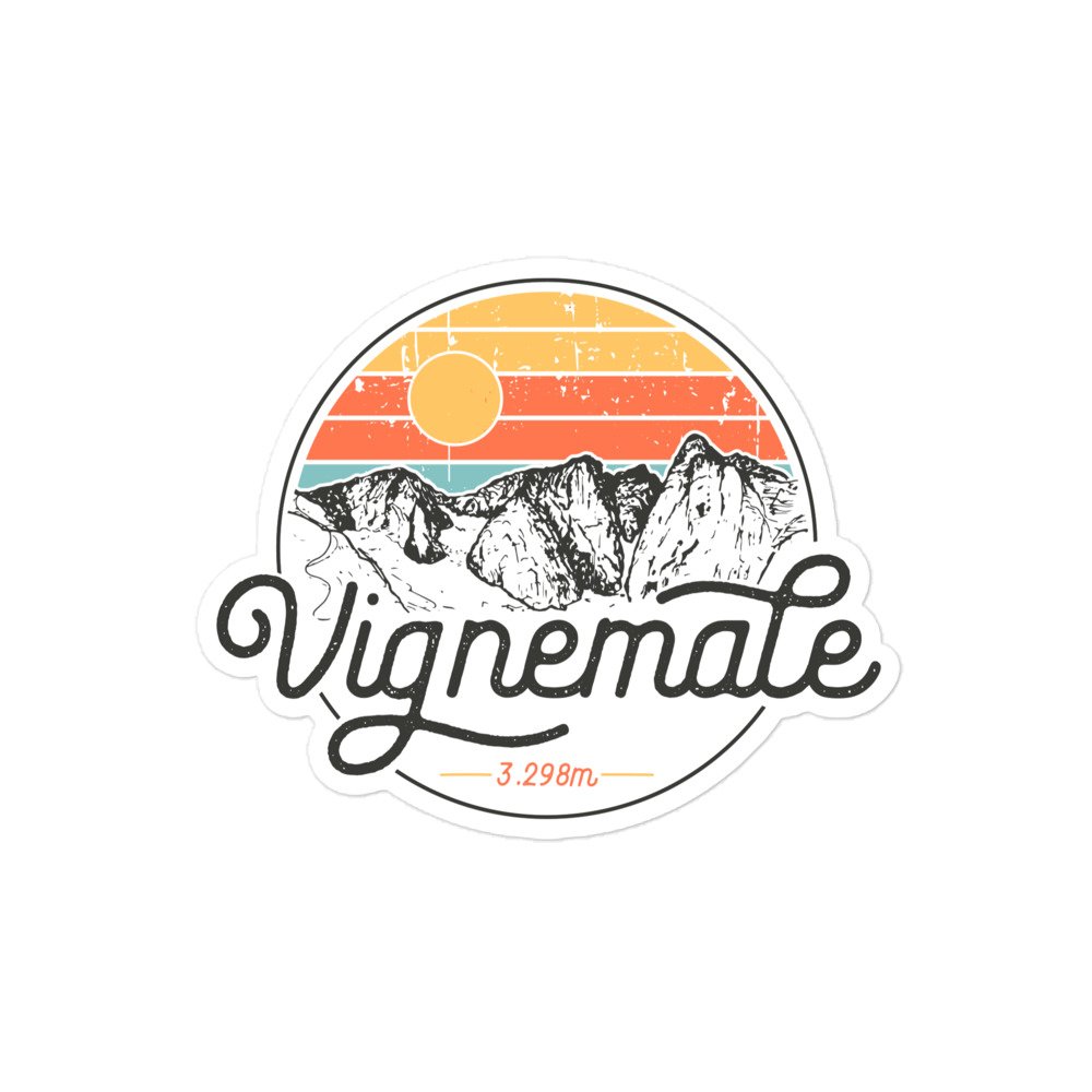 Pegatina Vignemale sobre fondo blanco - Silueta del Vignemale con el sol en lo alto, diseño estilo vintage.