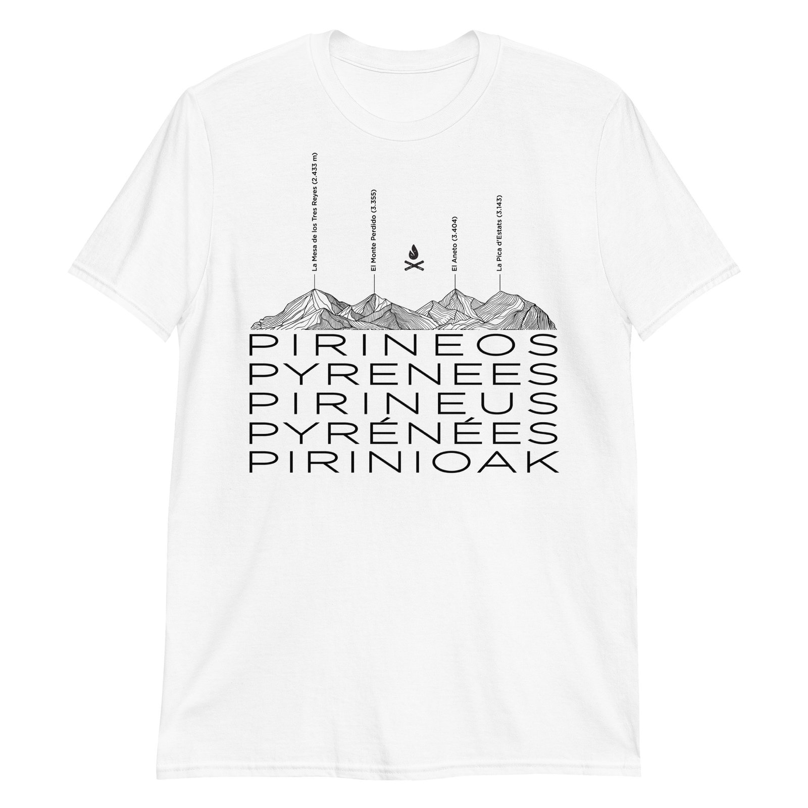 Camiseta Pirineos Blancos - Camiseta unisex de manga corta con diseño de relieve de las montañas de los Pirineos sobre fondo blanco.