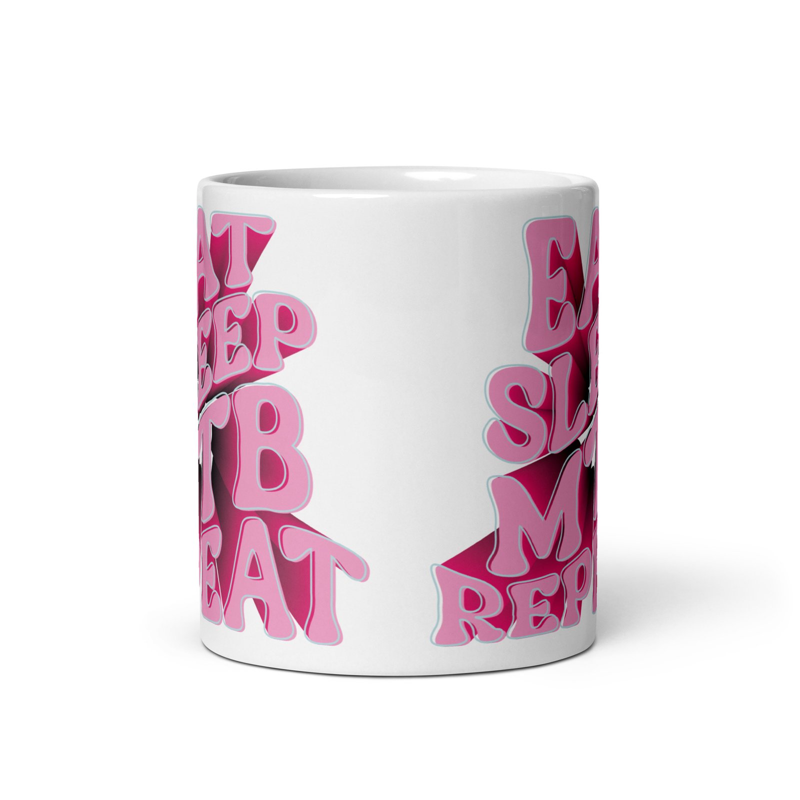 Taza de cerámica rosa con diseño 3D Eat, Sleep, MTB, Repeat - Vista frontal