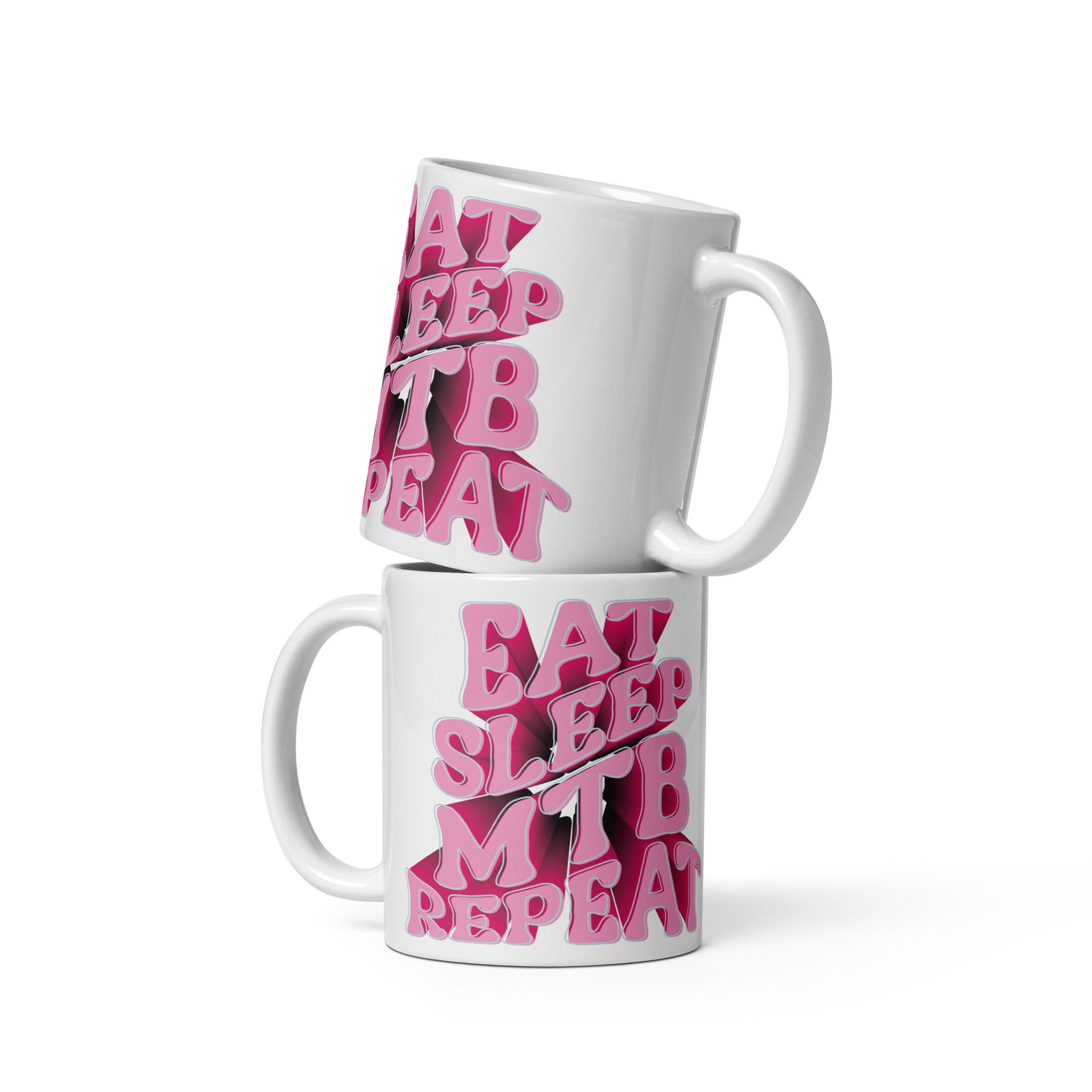 Tazas de cerámica rosa con diseño 3D Eat, Sleep, MTB, Repeat - Vista apilada