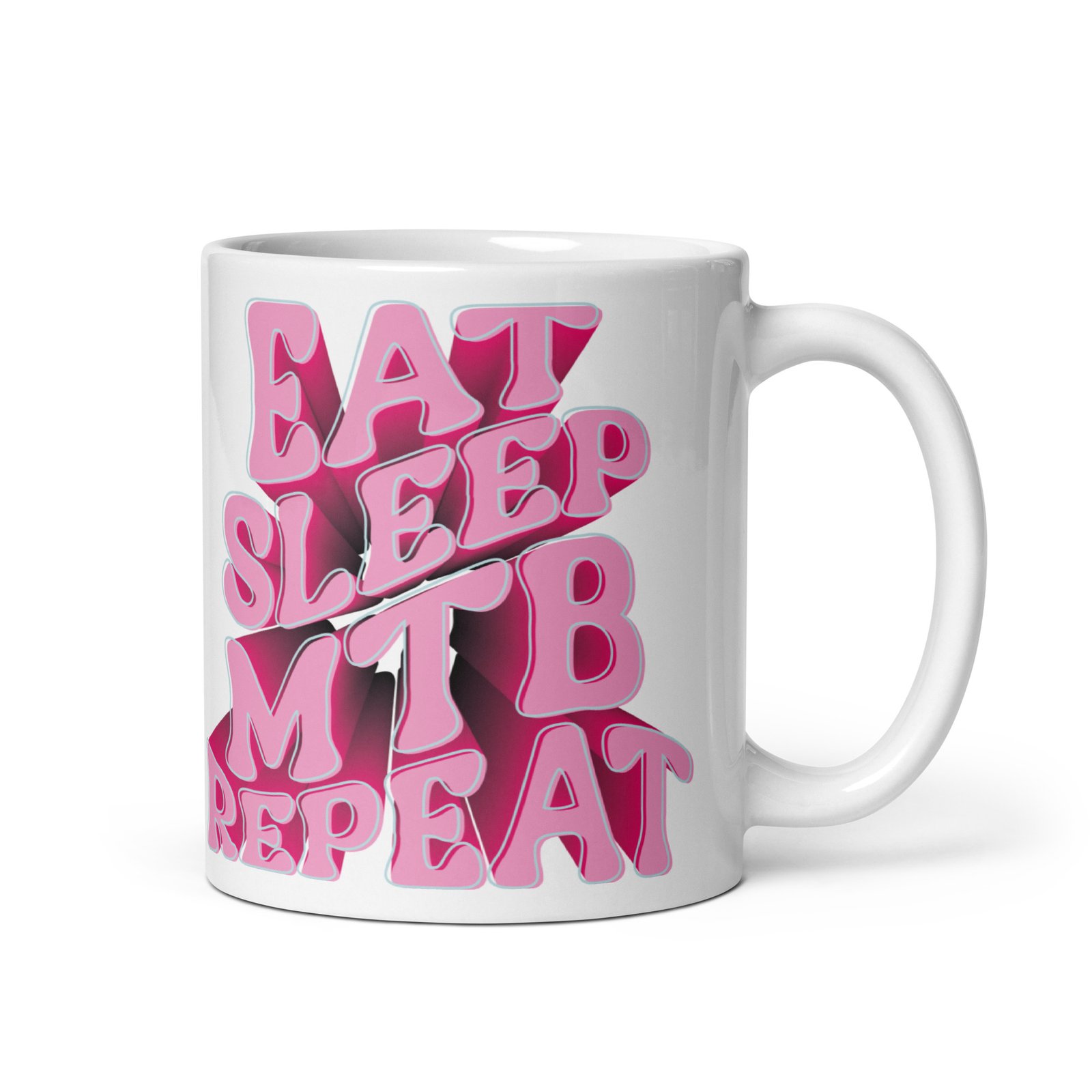 Taza de cerámica rosa con diseño 3D Eat, Sleep, MTB, Repeat - Vista derecha