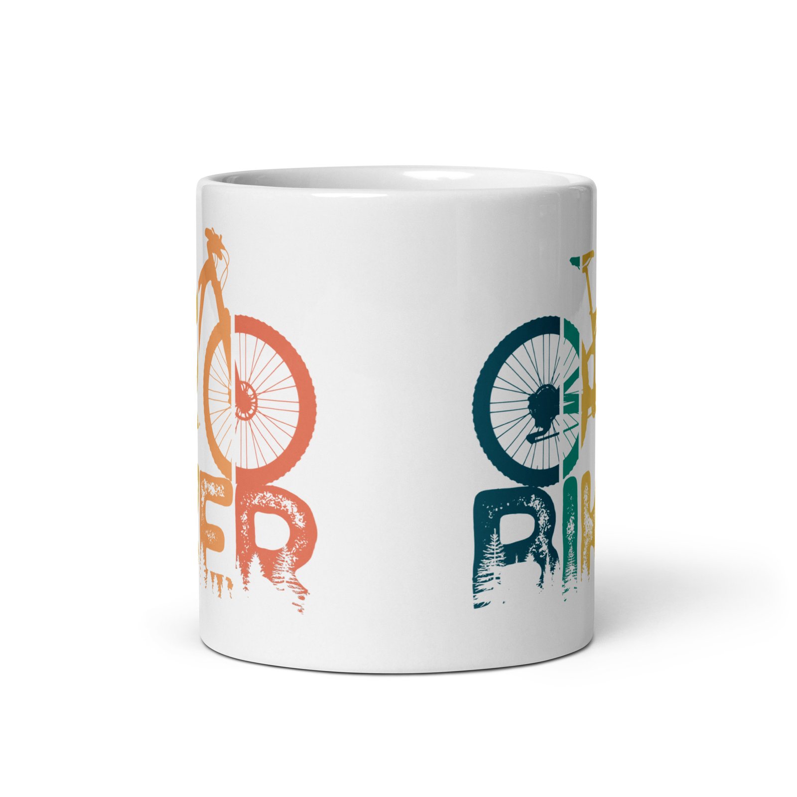 Taza de Biker vista frontal - Diseño de bicicleta de montaña sobre letras "Biker".