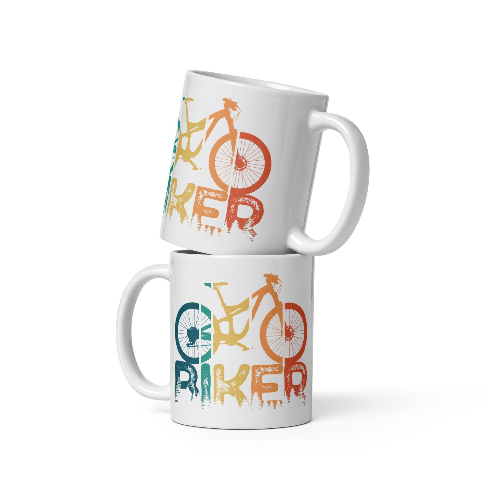 Dos tazas de Biker apiladas - Diseño de bicicleta de montaña sobre letras "Biker".