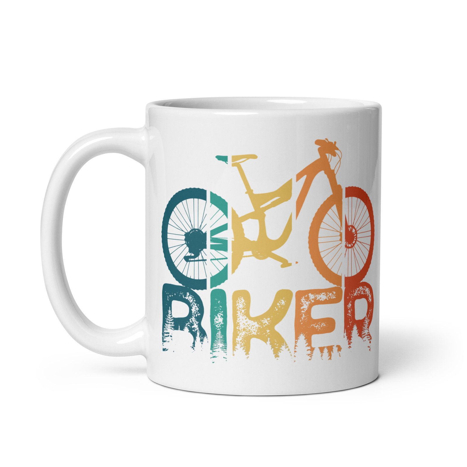 Taza de Biker vista desde la izquierda - Diseño de bicicleta de montaña sobre letras "Biker".