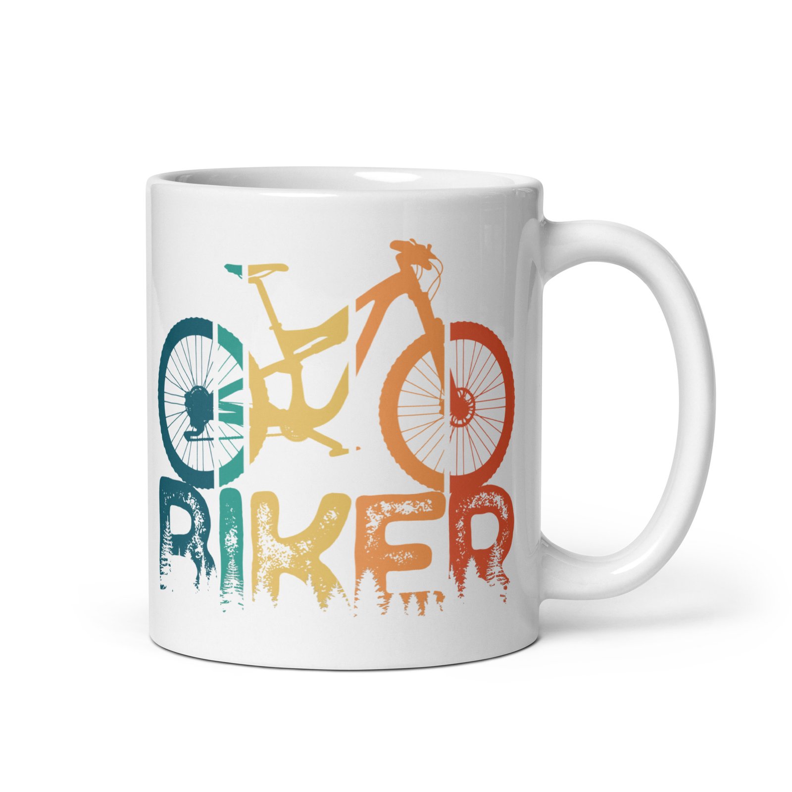 Taza de Biker vista desde la derecha - Diseño de bicicleta de montaña sobre letras "Biker".