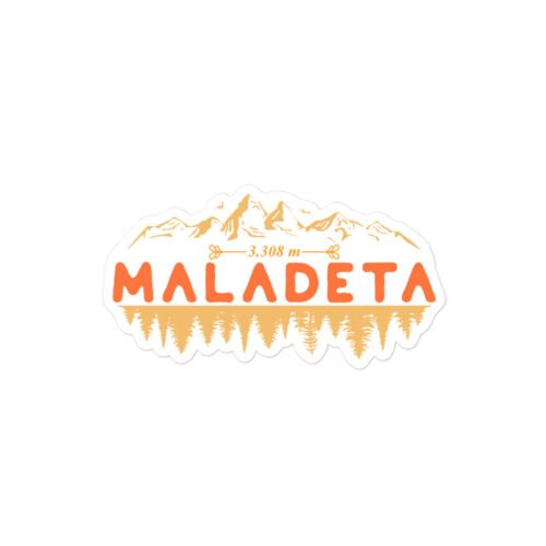 Pegatina MALADETA con diseño de la Montaña Maladeta y bosques en fondo blanco.