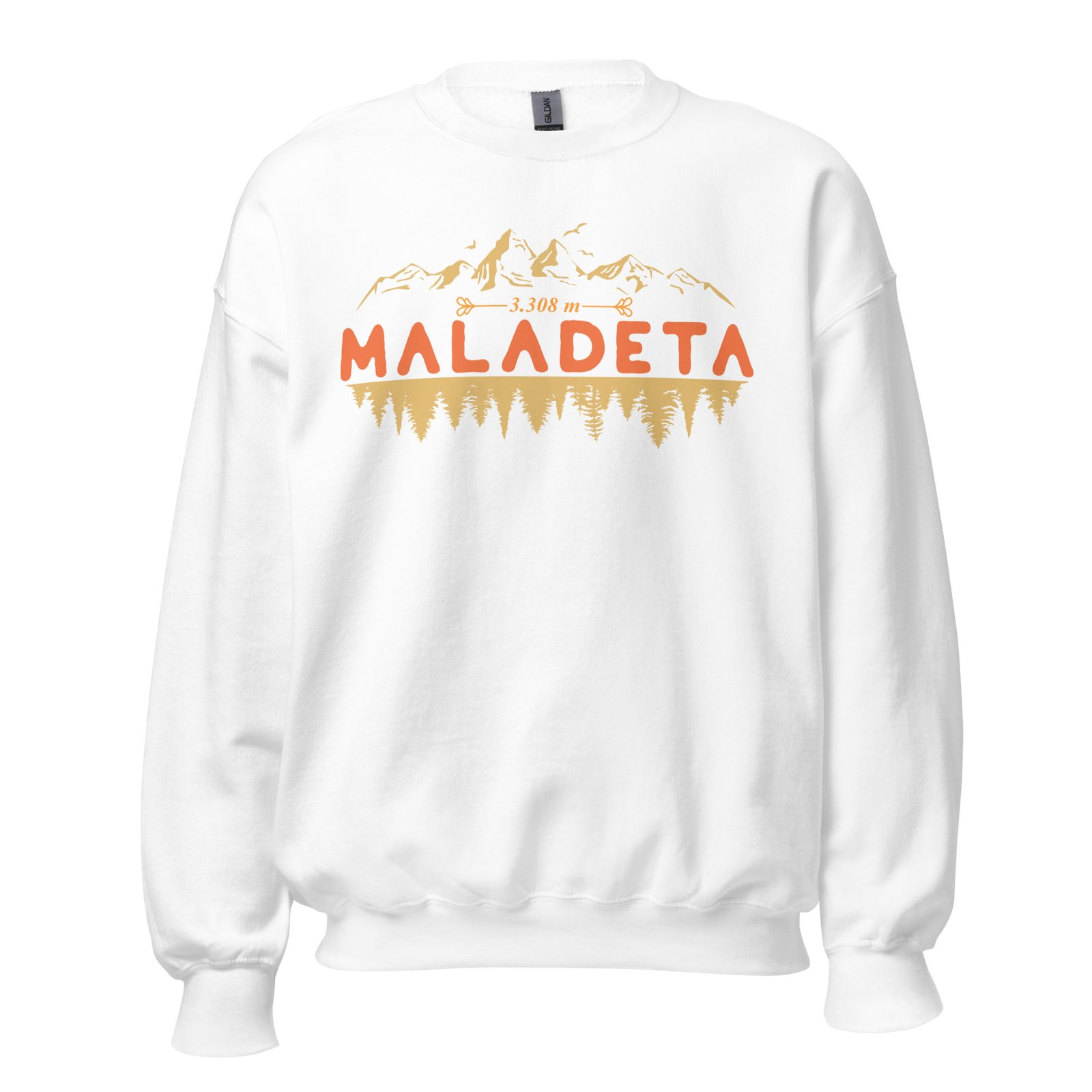 Sudadera unisex Maladeta en blanco con ilustración del Pico Maladeta y sus bosques, y texto "MALADETA 3.308 m