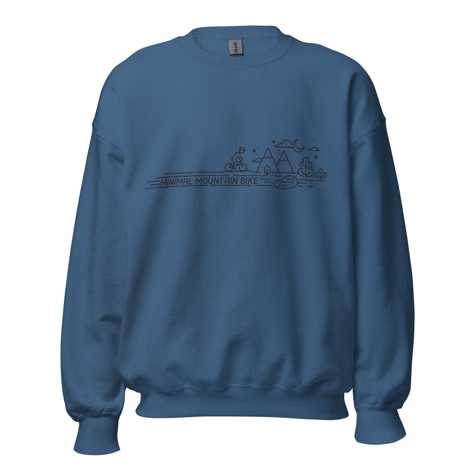 Sudadera minimalista en azul añil con diseño de mountain bike, sudadera sobre fondo blanco.