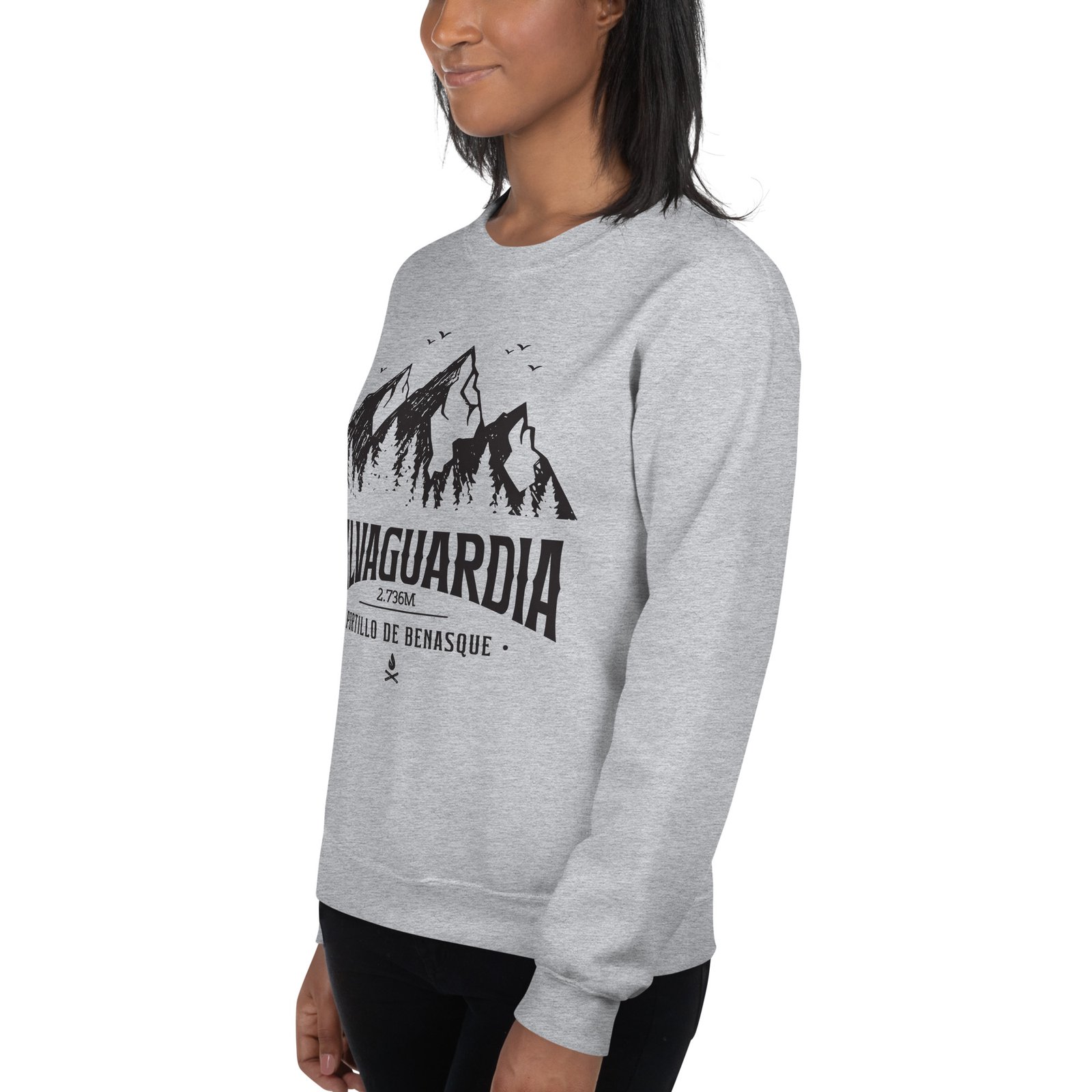 Sudadera gris claro para mujer con ilustración del Pico Salvaguardia en el Portillón de Benasque.