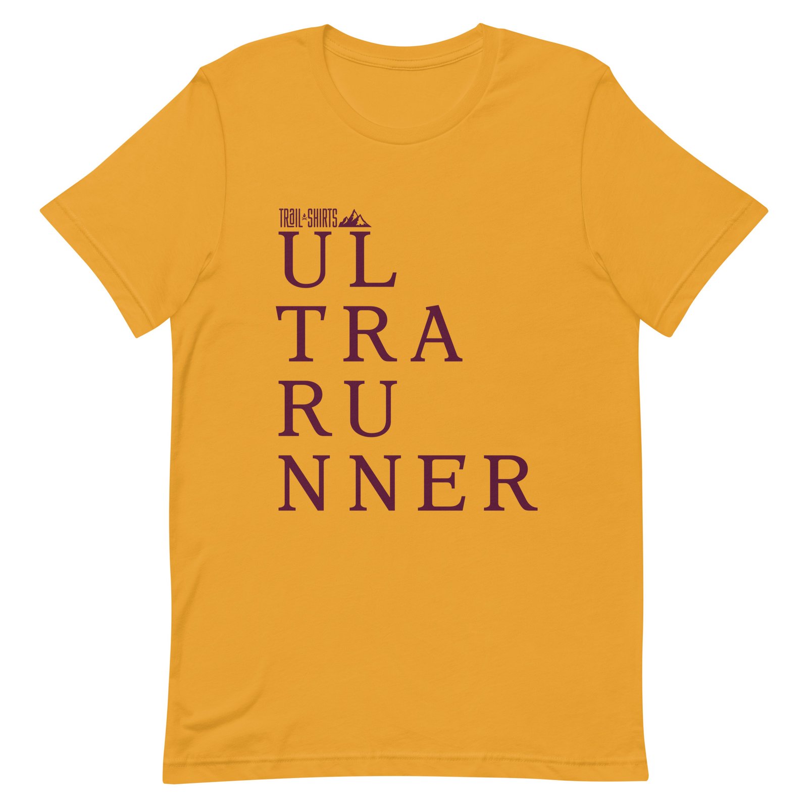 Camiseta granate unisex con diseño UL TRA RU NNER en letras mostaza, ideal para los amantes del trail running.