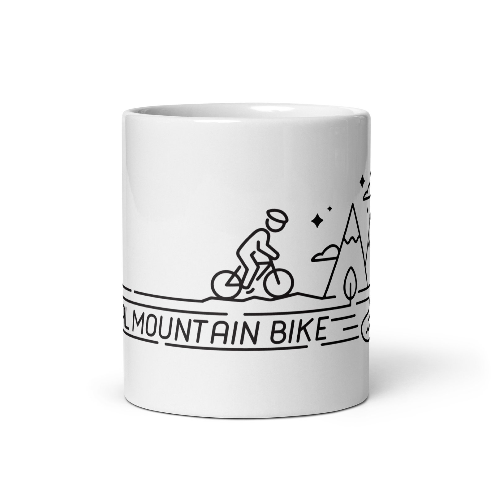 Taza Minimal Mountain Bike - Vista Frontal - Diseño frontal de ciclista y montañas minimalistas.
