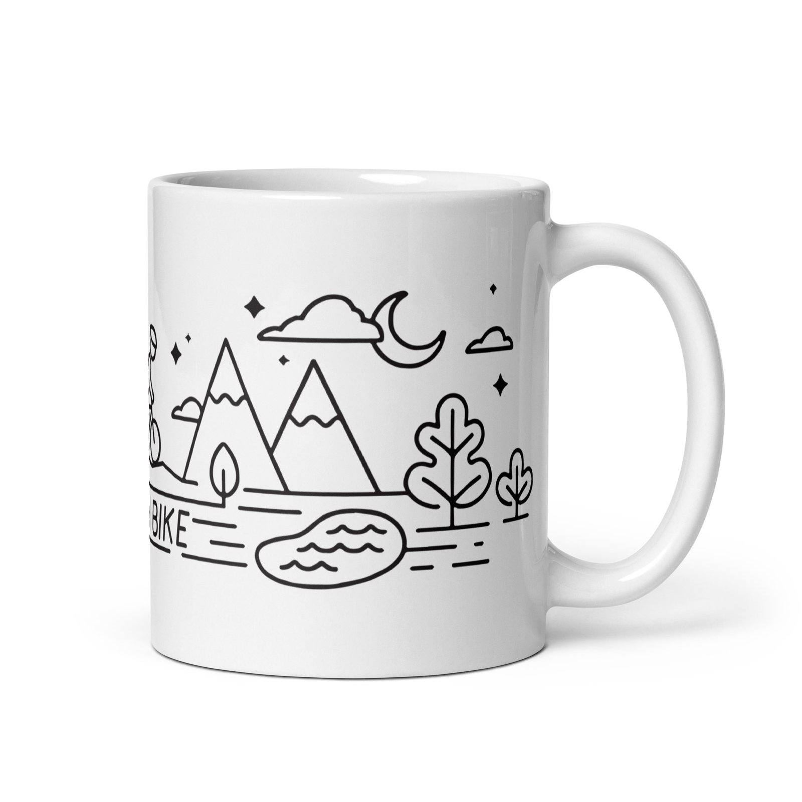 Taza Minimal Mountain Bike - Vista Derecha - Ciclista y montañas minimalistas en fondo blanco.