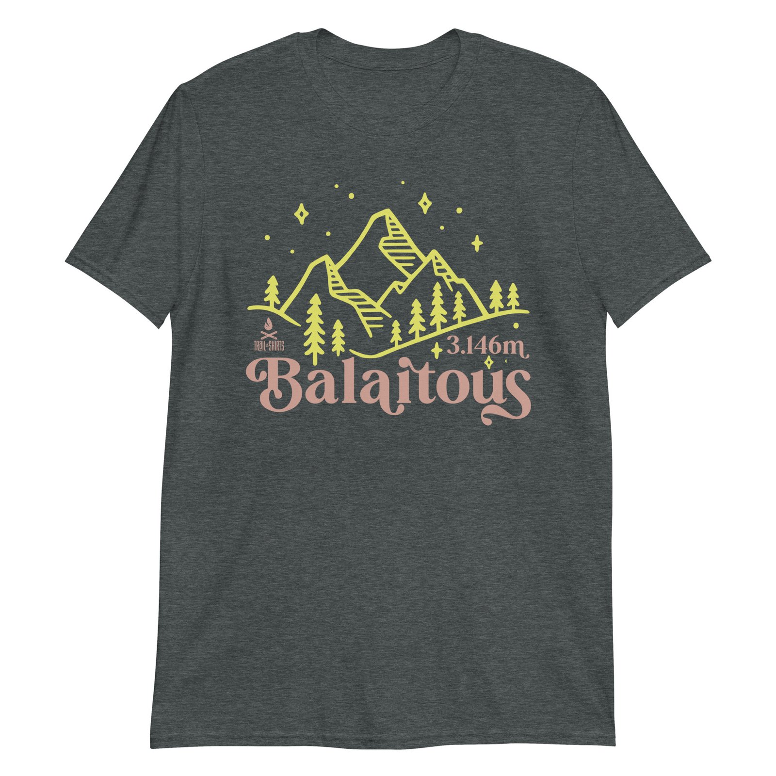 Camiseta gris oscuro con diseño de Balaitous en color mostaza y rosa palo.