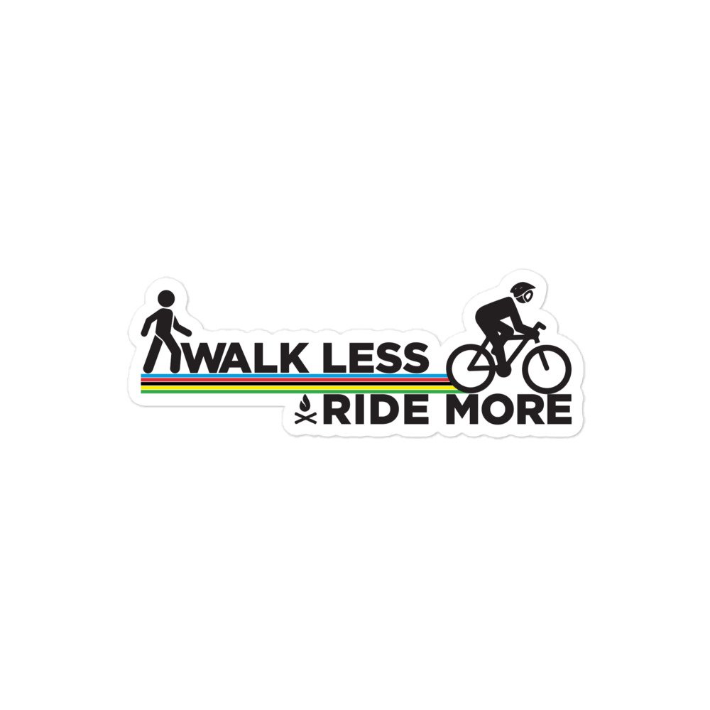 Pegatina de vinilo con el mensaje "Walk Less, Ride More". El diseño muestra a una persona andando y a otra en bicicleta, separadas por los colores de la UCI.
