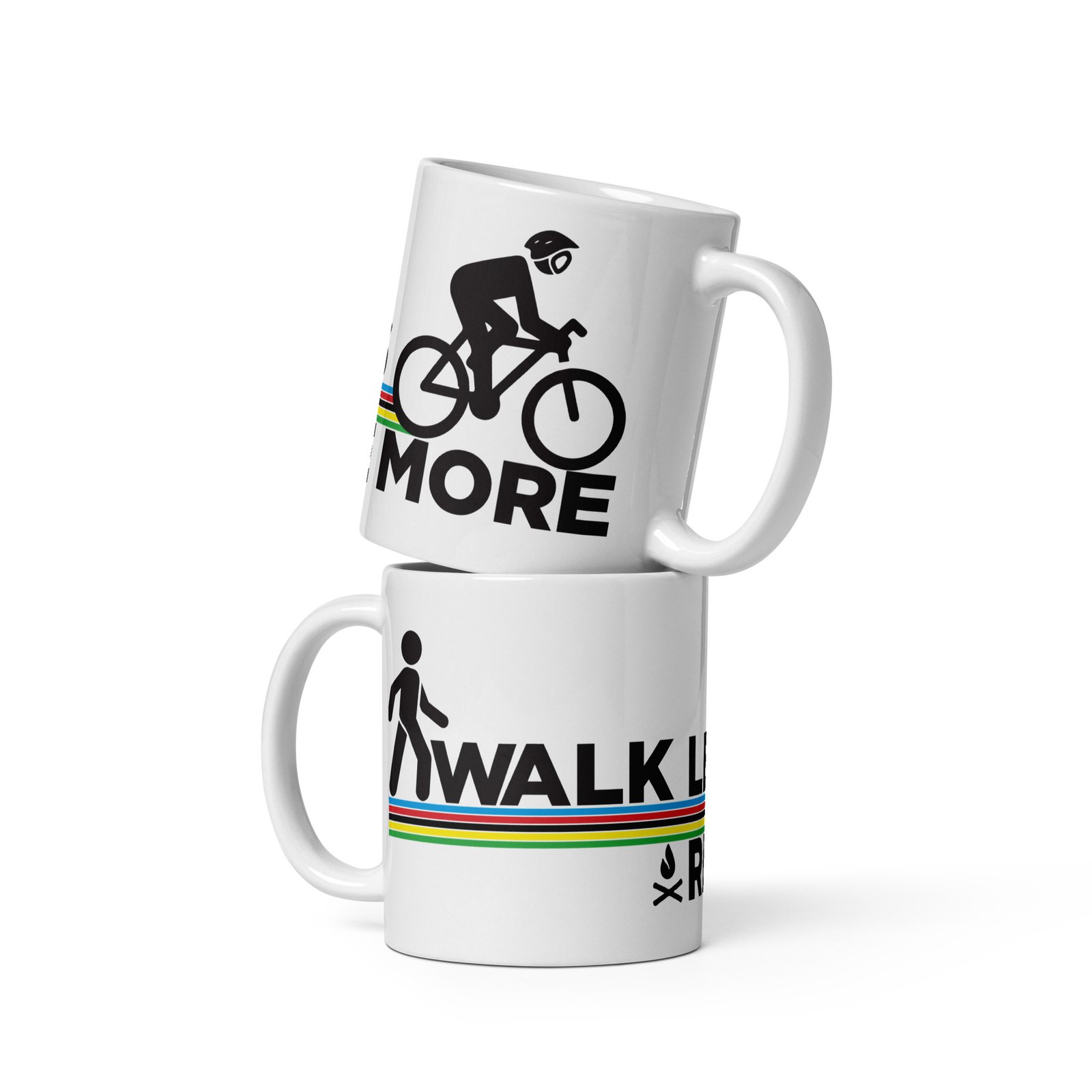 Dos tazas cerámicas 'Walk Less, Ride More' apiladas con símbolos de caminar y andar en bicicleta sobre fondo blanco.
