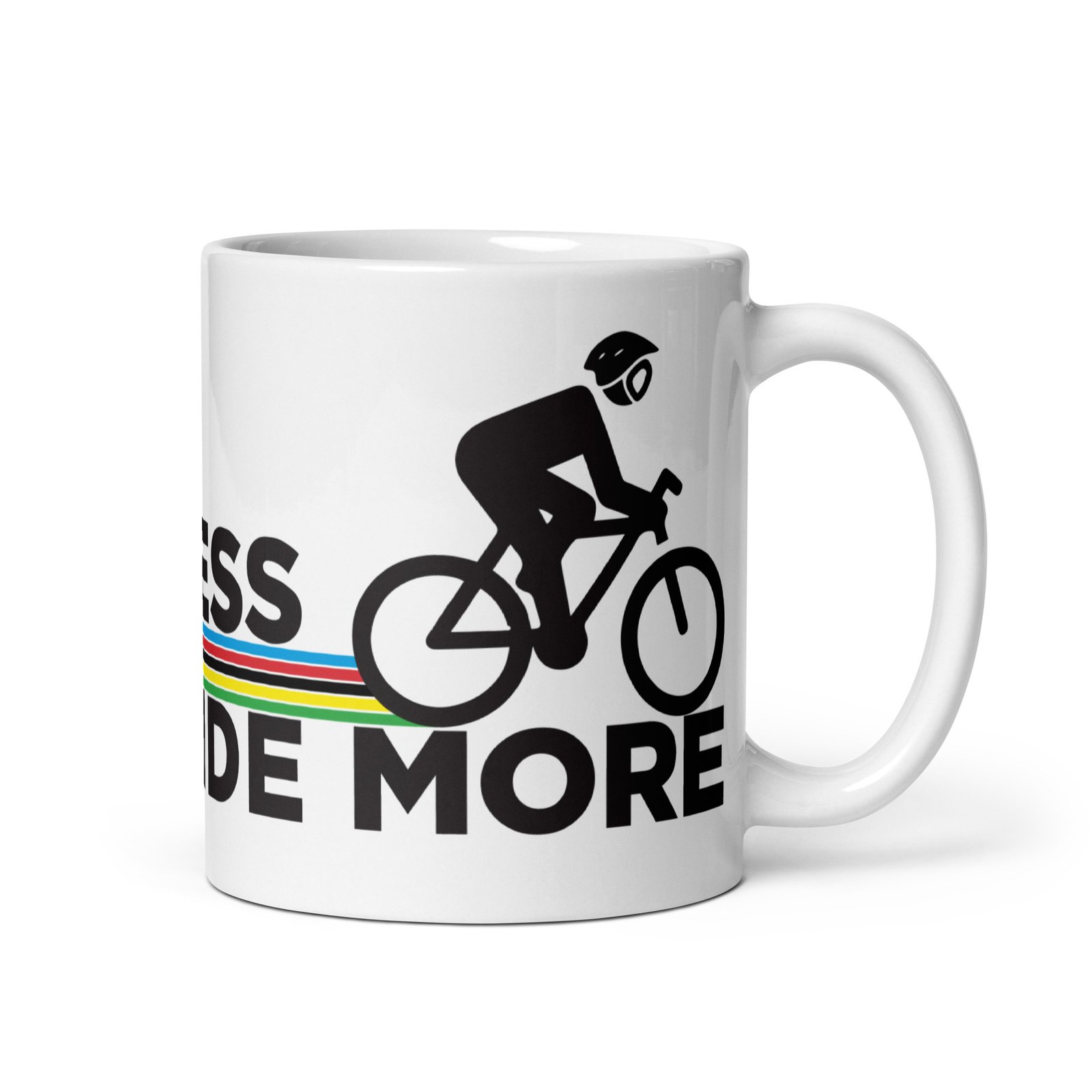 Taza cerámica 'Walk Less, Ride More' vista lateral con símbolos de caminar y andar en bicicleta sobre fondo blanco.