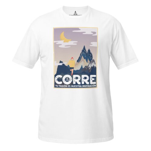 Camiseta blanca unisex con diseño "CORRE", perfecta para corredores. Tu pasión es nuestra inspiración.
