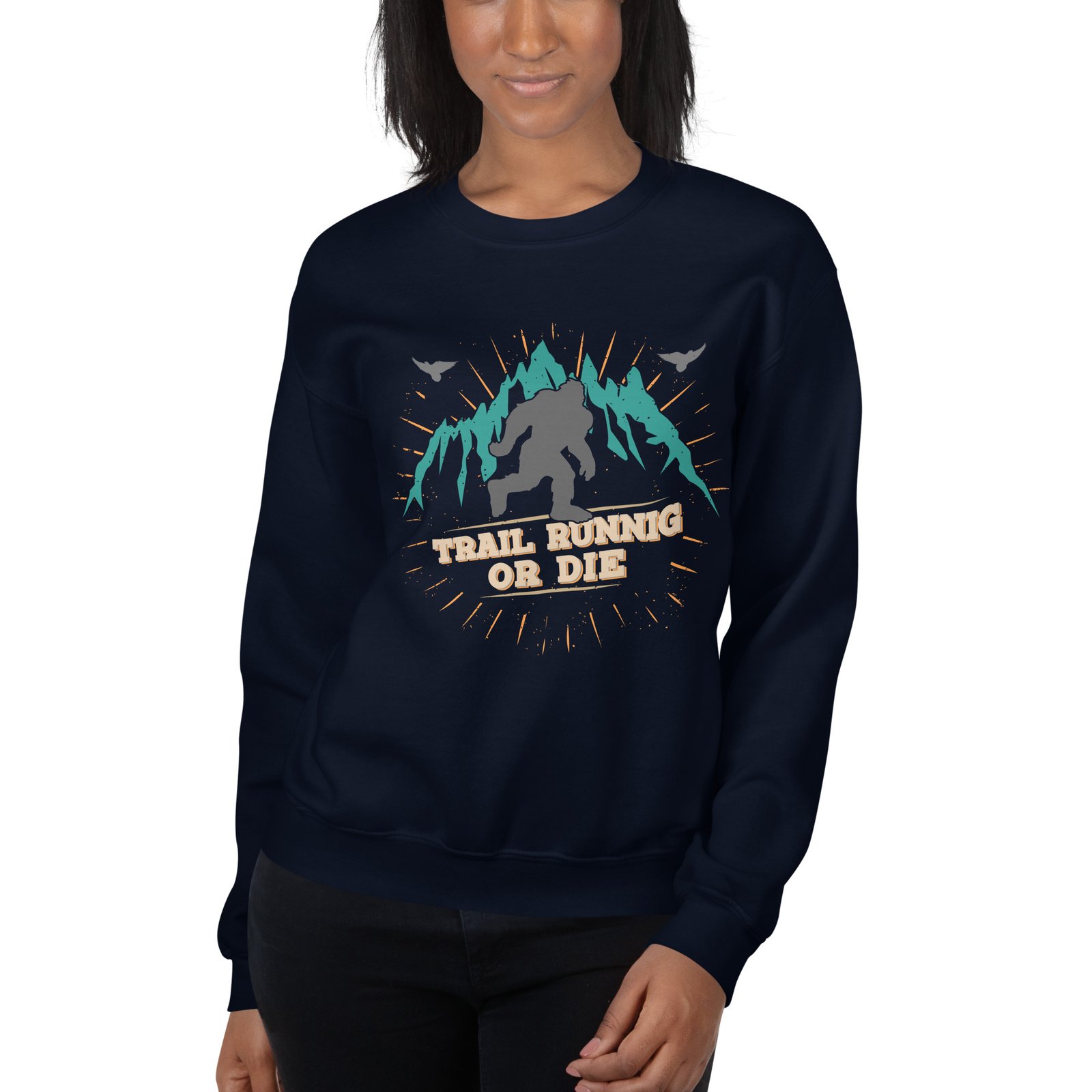 Sudadera azul marino para mujeres de Trail-Shirts con diseño de yeti entre montañas. Descubre la elegancia y la aventura en cada paso de tu trail running.