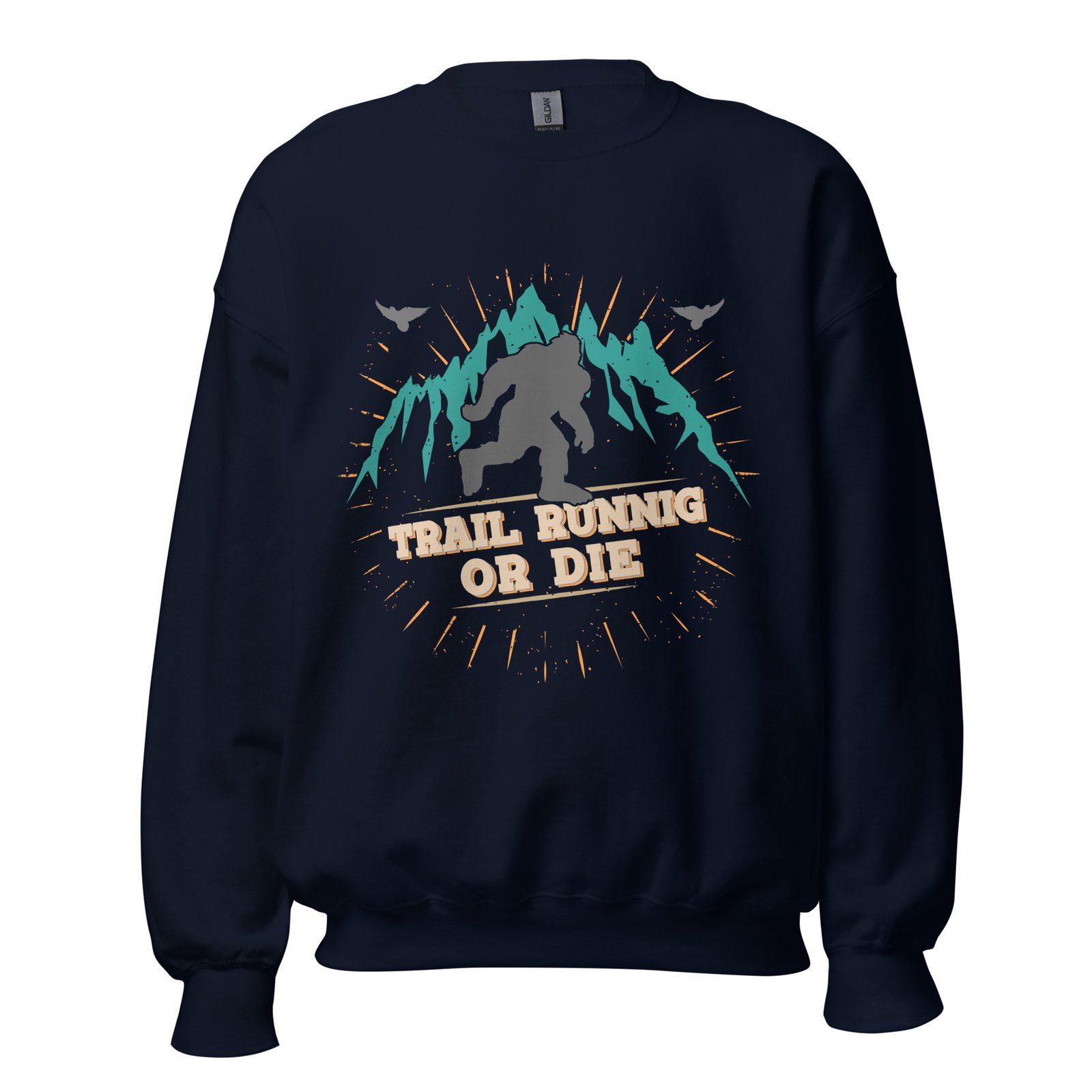 Sudadera unisex azul marino de Trail-Shirts con diseño de yeti entre montañas, perfecta para correr de noche. ¡Explora la naturaleza con estilo!