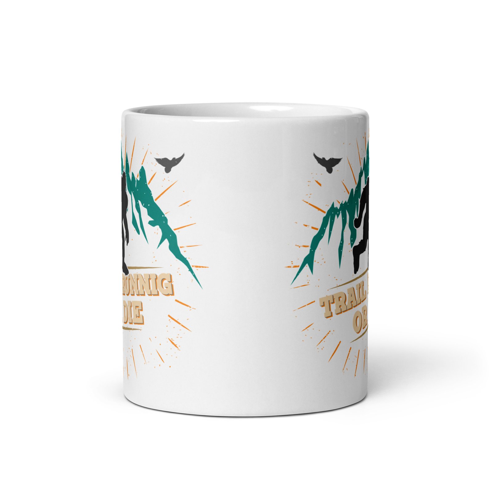 Taza de cerámica con diseño frontal de yeti y montañas, perfecta para entusiastas del trail running. "TRAIL RUNNING OR DIE"