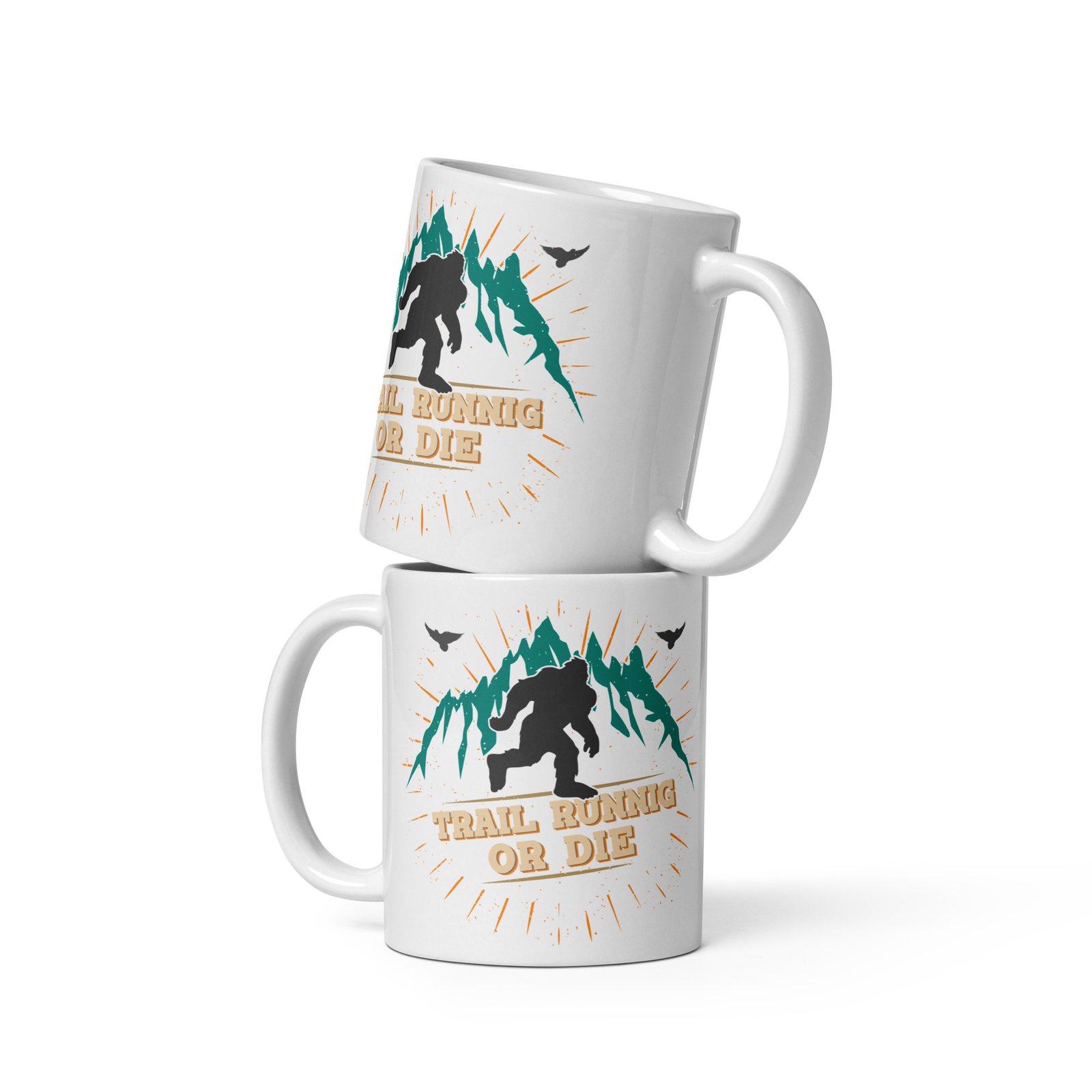 Set de dos tazas de cerámica con diseño de yeti y montañas, ideal para parejas apasionadas por el trail running. "TRAIL RUNNING OR DIE"