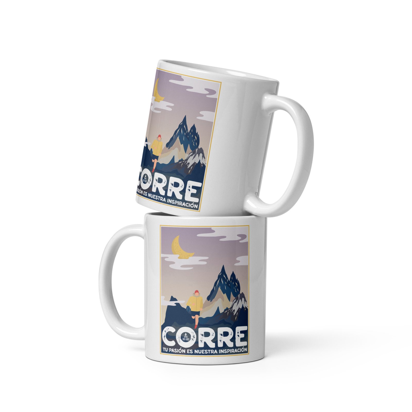 Dos tazas de cerámica apiladas con diseño de corredor, montañas y la frase motivadora.