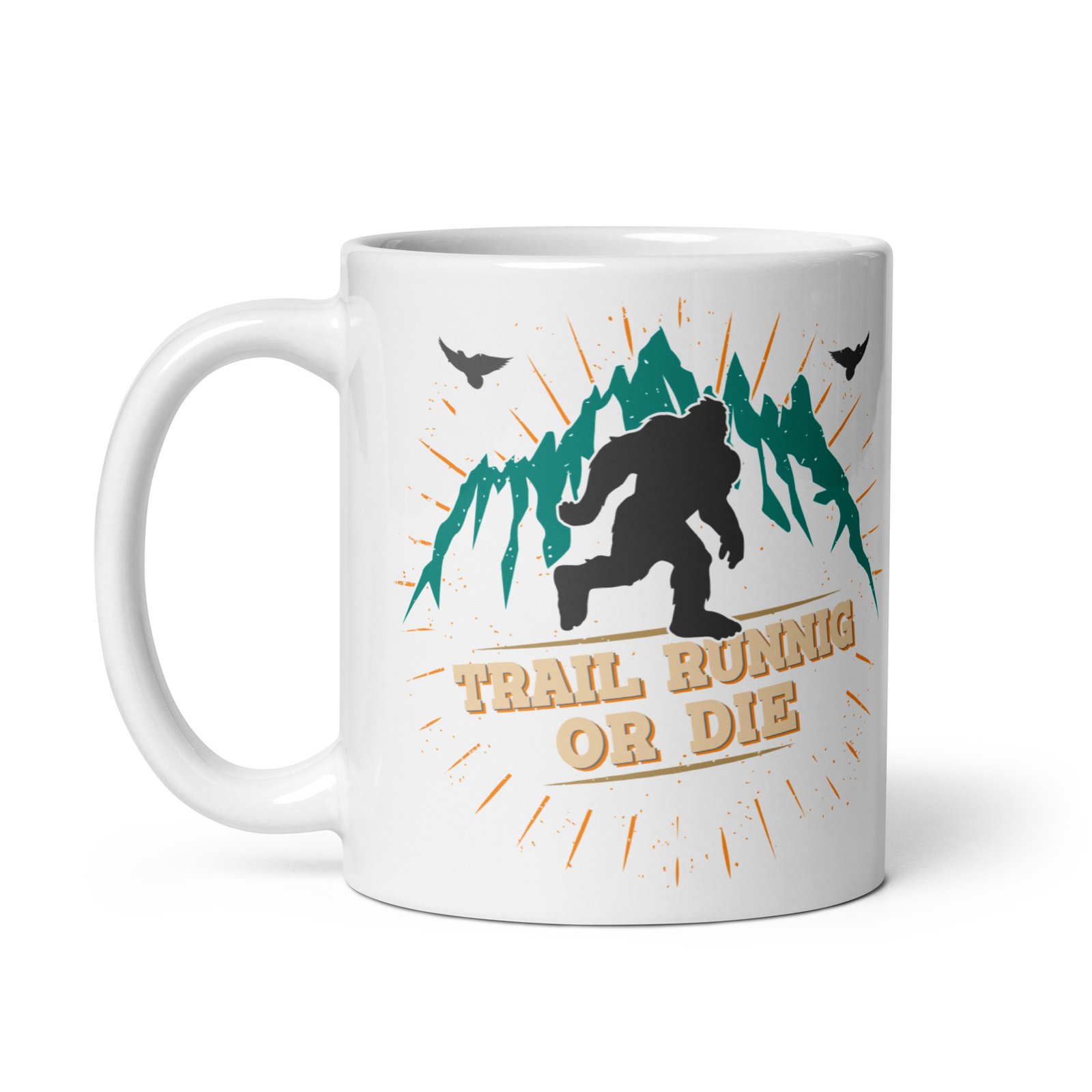 Taza de cerámica con diseño de yeti y montañas, ideal para apasionados del trail running. "TRAIL RUNNING OR DIE".