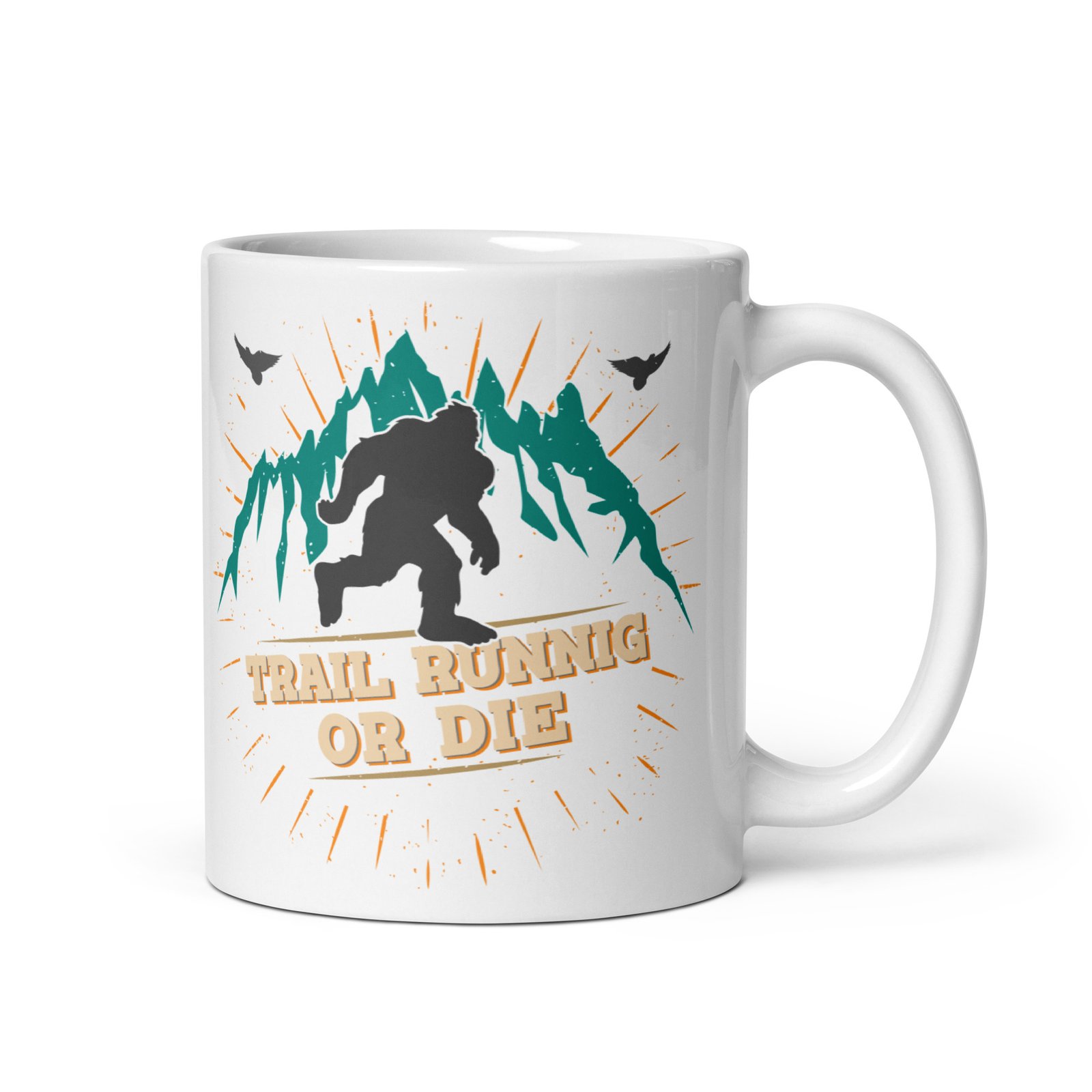 Taza de cerámica con diseño de yeti y montañas, perfecta para aficionados al trail running. "TRAIL RUNNING OR DIE".