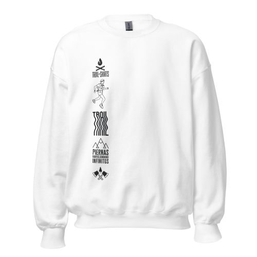 Sudadera unisex de color blanco con diseño gráfico de trail running.