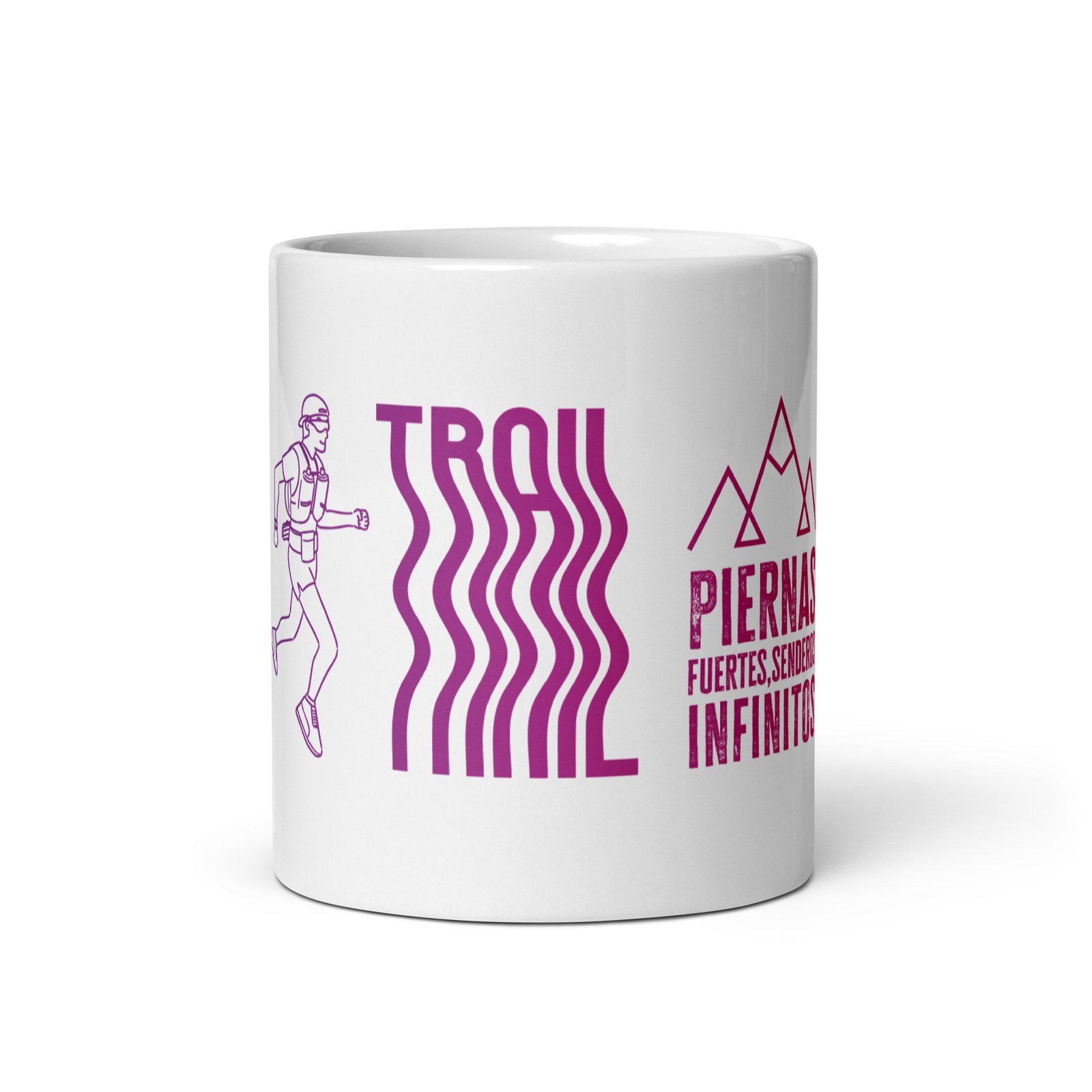 Taza de trail, vista frontal. Diseño vibrante con corredor, logo y lema 'Piernas Fuertes, Senderos Infinitos'.